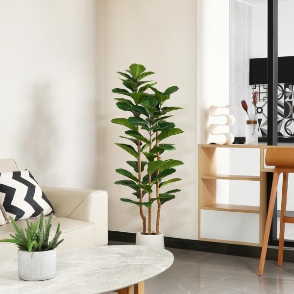 Top Artificial fiddle leaf fig tree with white approval, natural tree trunk and 5 feet tall fake tree for home decoration, fake ficus tree fake moss in indoor office living room - Image 4