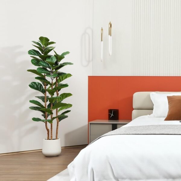 Top Artificial fiddle leaf fig tree with white approval, natural tree trunk and 5 feet tall fake tree for home decoration, fake ficus tree fake moss in indoor office living room - Image 8
