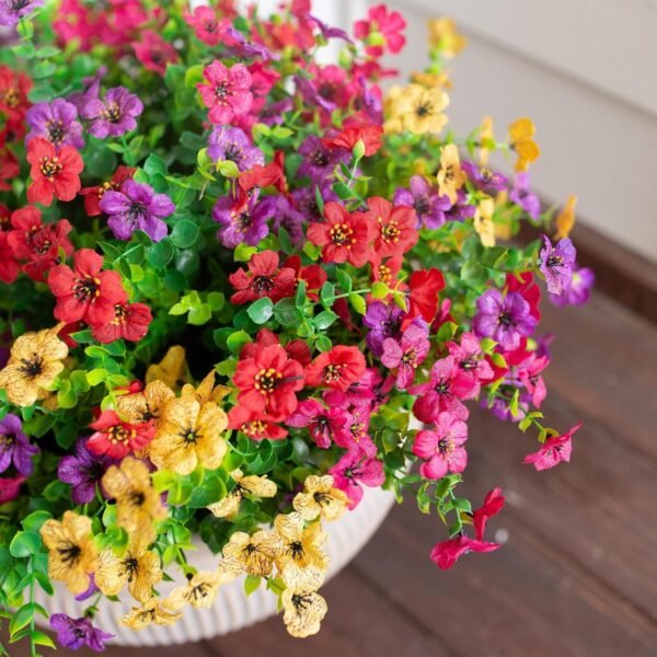 Top Artificial flowers for outdoor indoor garden home decoration, Fake Flower Daisy with Eucalyptus Fake Plant Green Box Tree Patio, 12 Bundles (Mixed Pink Red Purple Yellow) - Image 3