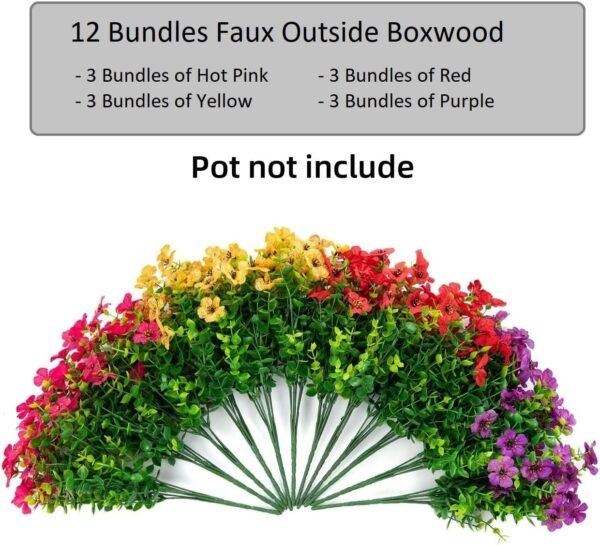 Top Artificial flowers for outdoor indoor garden home decoration, Fake Flower Daisy with Eucalyptus Fake Plant Green Box Tree Patio, 12 Bundles (Mixed Pink Red Purple Yellow) - Image 4