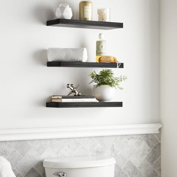 Order affordable Bica floating shelf for walls, rustic wooden shelf for bathroom, bedroom, living room, kitchen, hanging shelf for books/storage/room decoration (black, 3, 15.7 inches) - Image 5