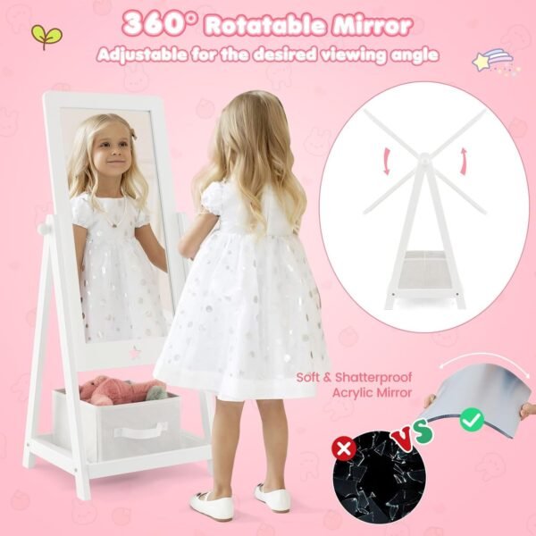 Buy the best Kids Full Length Mirror, Freestanding Wooden Mirror with bottom shelf, Storage Box, Side Hook, 360 Rectangular Relationship Degre - Image 5
