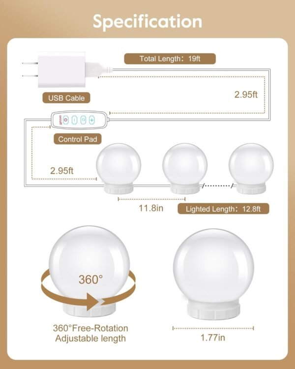 Grab high-quality Brightown 14 Dimmable Bulb Hollywood Makeup Mirror Light, 22ft Adjustable Vanity Lighting Fixture for Full Length Mirrors (Mirror not included) - Image 6
