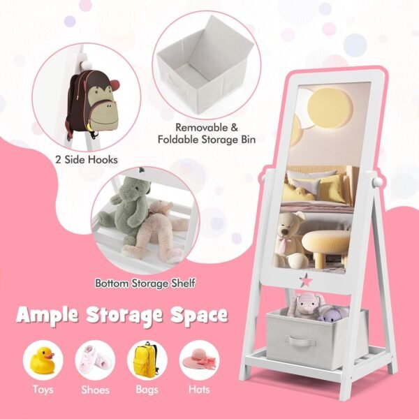 Buy the best Kids Full Length Mirror, Freestanding Wooden Mirror with bottom shelf, Storage Box, Side Hook, 360 Rectangular Relationship Degre - Image 6