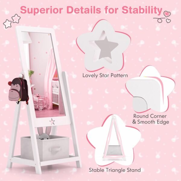 Buy the best Kids Full Length Mirror, Freestanding Wooden Mirror with bottom shelf, Storage Box, Side Hook, 360 Rectangular Relationship Degre - Image 7