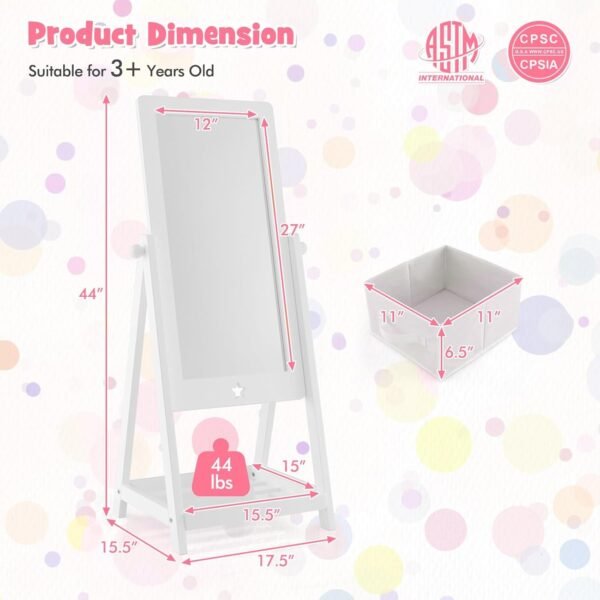 Buy the best Kids Full Length Mirror, Freestanding Wooden Mirror with bottom shelf, Storage Box, Side Hook, 360 Rectangular Relationship Degre - Image 8
