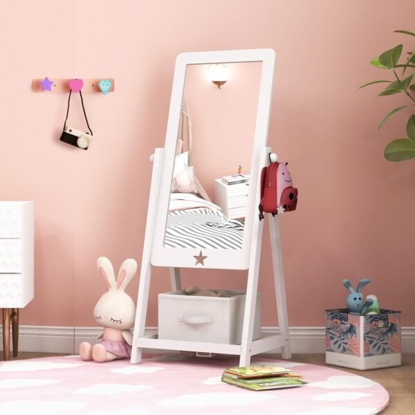 Buy the best Kids Full Length Mirror, Freestanding Wooden Mirror with bottom shelf, Storage Box, Side Hook, 360 Rectangular Relationship Degre - Image 9