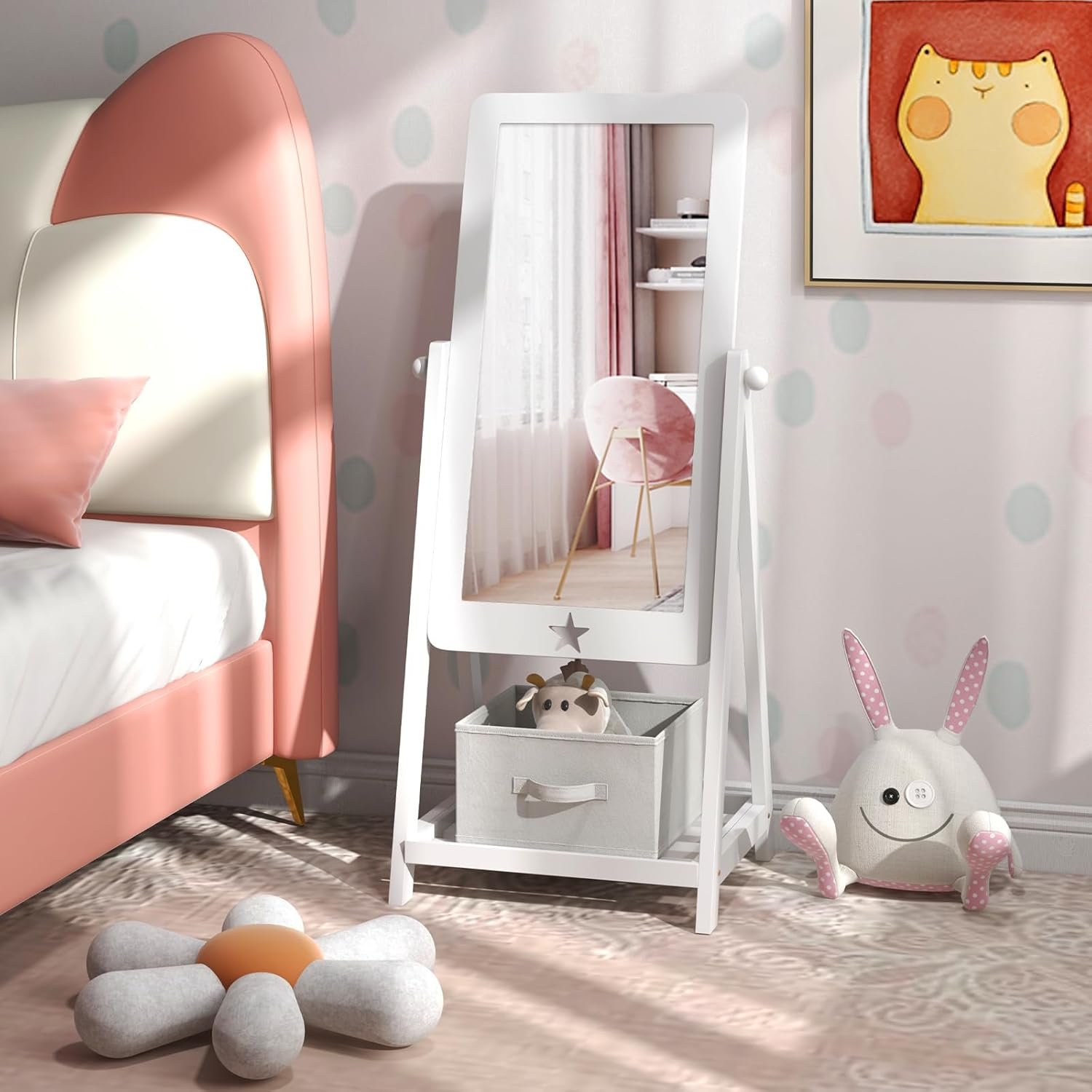 Explore affordable Freestanding child mirror, glass grinding toddler dressing mirror with storage box for shoes and accessories, adjustable child mirror full length for girls (white) - Image 4