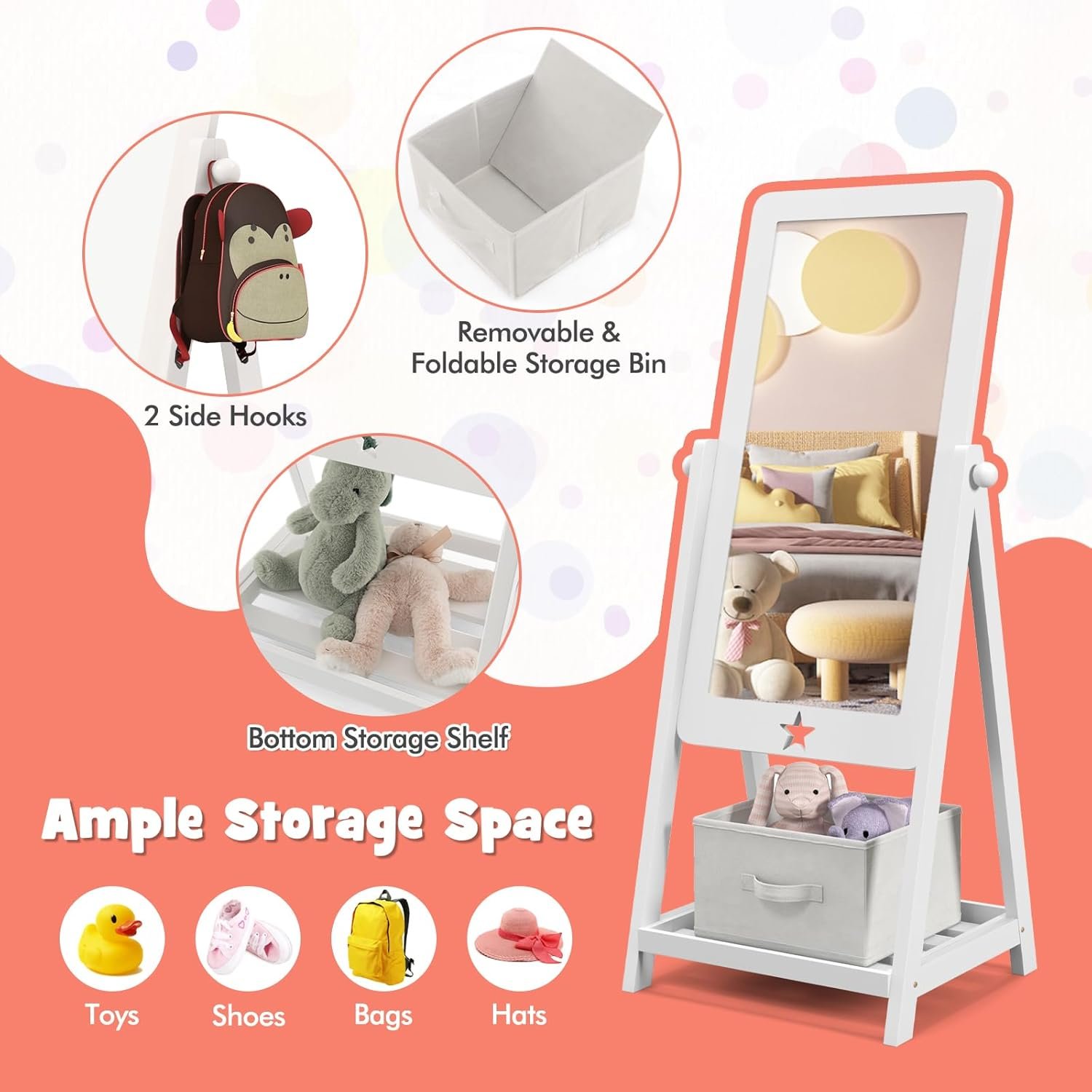 Explore affordable Freestanding child mirror, glass grinding toddler dressing mirror with storage box for shoes and accessories, adjustable child mirror full length for girls (white) - Image 6