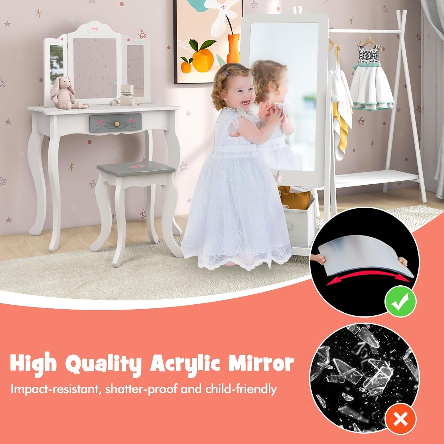 Explore affordable Freestanding child mirror, glass grinding toddler dressing mirror with storage box for shoes and accessories, adjustable child mirror full length for girls (white) - Image 7