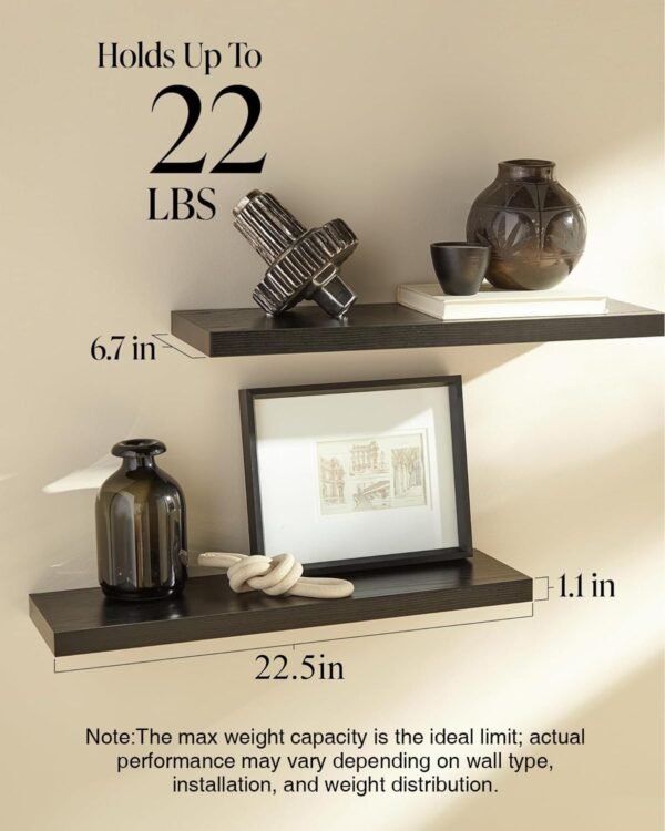 Explore the best Bi-Cufflate Shelf for Wall, 22.5" Rustic Wood Shelf for Hanging Shelf (Black, Set 2) for Bathroom, Bedroom, Living Room, Kitchen, Office, Book/Storage/Room Decoration Capacity - Image 6