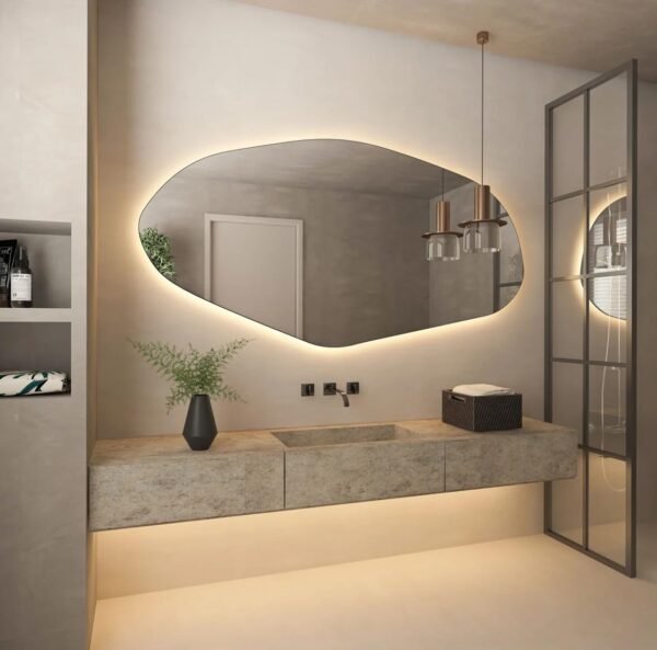 Grab affordable Asymmetric LED bathroom mirror, irregular shape vanity wall, bright modern full length backlight, frameless long wash basin light up (40"x20") - Image 3