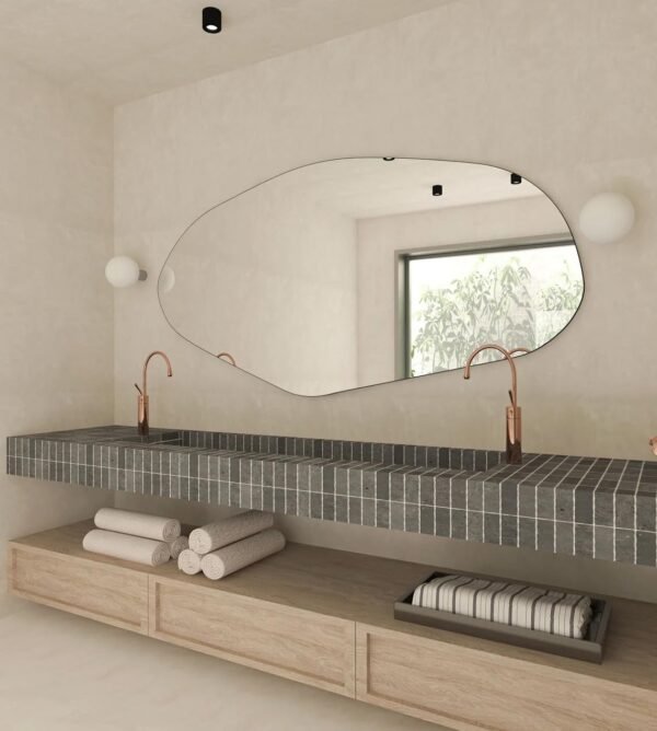 Grab affordable Asymmetric LED bathroom mirror, irregular shape vanity wall, bright modern full length backlight, frameless long wash basin light up (40"x20") - Image 6