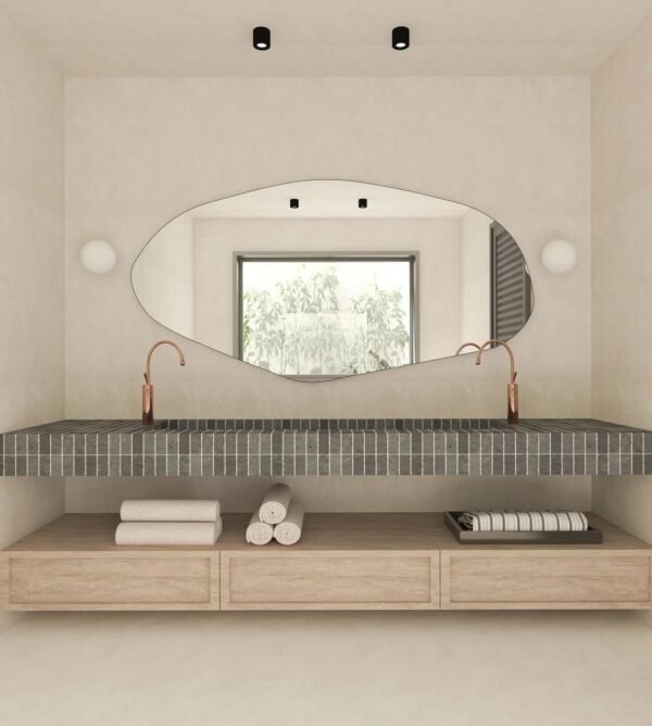 Grab affordable Asymmetric LED bathroom mirror, irregular shape vanity wall, bright modern full length backlight, frameless long wash basin light up (40"x20") - Image 7
