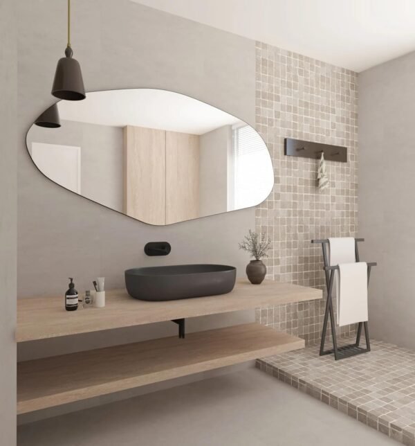 Grab affordable Asymmetric LED bathroom mirror, irregular shape vanity wall, bright modern full length backlight, frameless long wash basin light up (40"x20") - Image 9