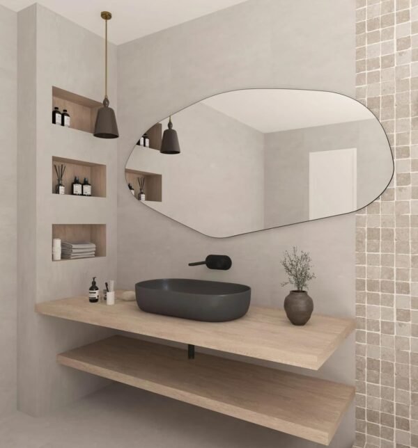 Grab affordable Asymmetric LED bathroom mirror, irregular shape vanity wall, bright modern full length backlight, frameless long wash basin light up (40"x20") - Image 10