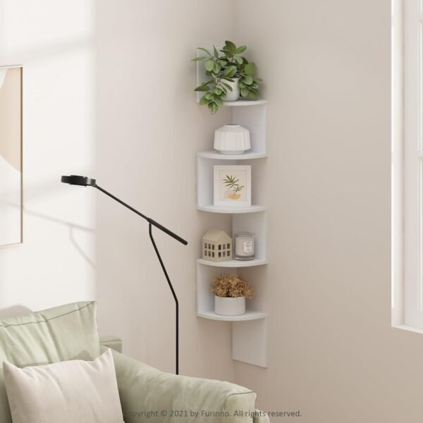 Explore recommended Furinno Rossi 5-layer Wall Mount Floating Radial Corner Shelf, White - Image 3
