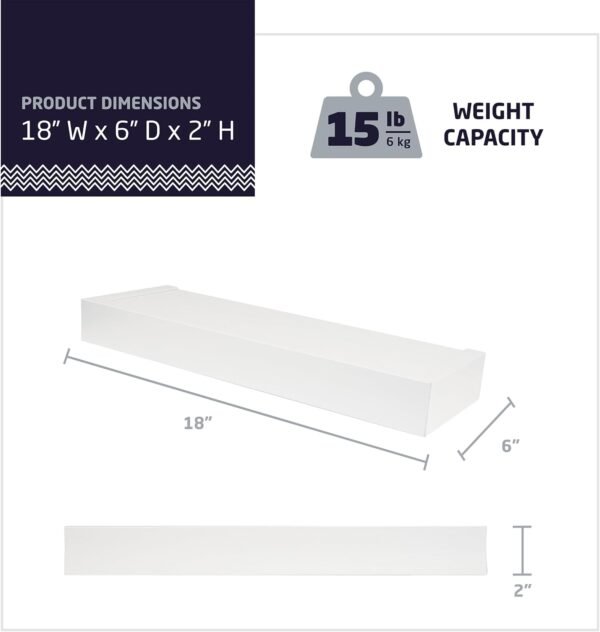 Explore recommended High & Mighty 515651 Modern 18" Floating Shelf Holds Up to 15 lbs, Easy Tool Free Dry Wall Installation, Flat, E-Commerce Package, White - Image 4