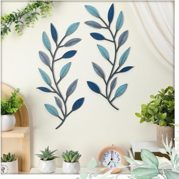 Explore the best ZHENGMY 2 Piece Metal Tree Leaf Wall Decoration Vine Olive Branch Leaf Wall Art Living Room, Hallway Wall Decoration Outdoor Decoration (Vintage Blue) - Image 4