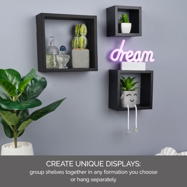 Order recommended Melancho Floating Wall Square Cube Shelf for Bedrooms, Living Rooms, Bathrooms, Kitchens - Wood, 3, Black, 5007043 - Image 5