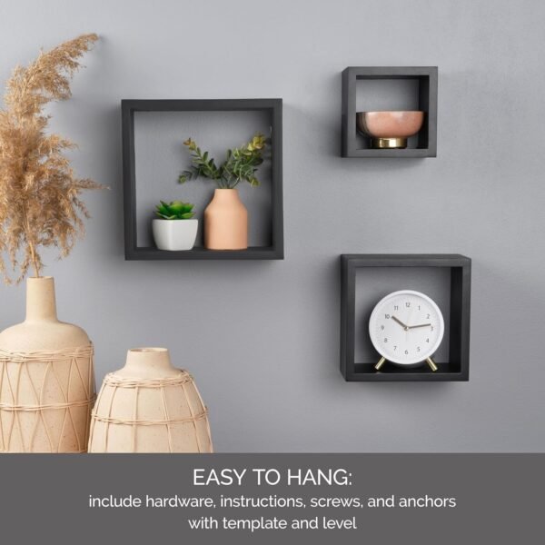Order recommended Melancho Floating Wall Square Cube Shelf for Bedrooms, Living Rooms, Bathrooms, Kitchens - Wood, 3, Black, 5007043 - Image 6