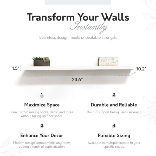 Order high-quality Durable In-Self with Invisible Brackets - Deep Floating Shelf for Walls, Easy to Install and Stir - MDF Living Room & Kitchen Wall Shelf - 10.2"D x 23.6" W x 2"h-White-0191828 - Image 3