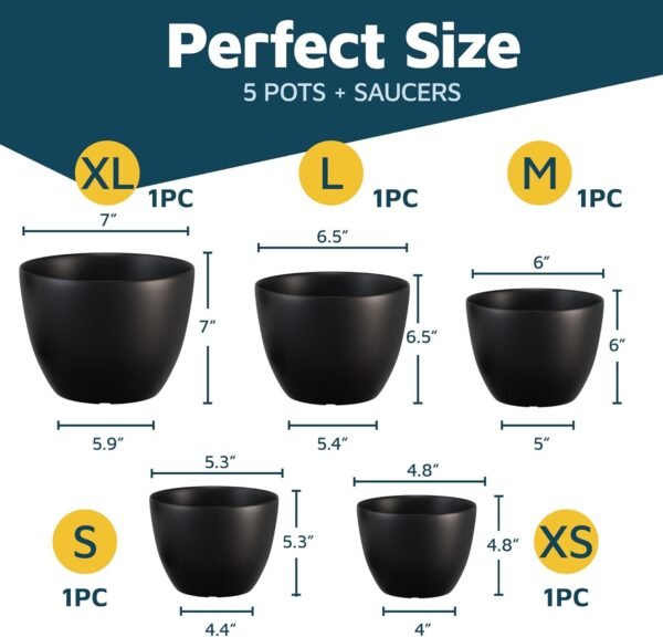 Buy the best Plant Pot with Multi-Drainage Holes - 5 Pieces Versatile Heavy Duty Plastic, Stackable Design Home Decoration Indoor and Outdoor Gardening Flower Pots - Black - Image 3