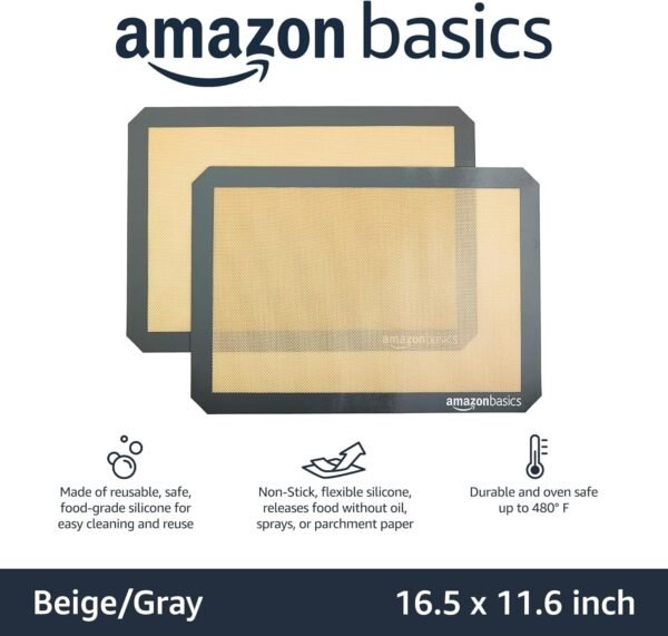 Order recommended Amazon Basics Silicone Rectangular Baking Mat, Non-stick Reusable Oven Bakeware, 16.5"x11.6", New Beige/Grey, Pack of Pack 2 - Image 3