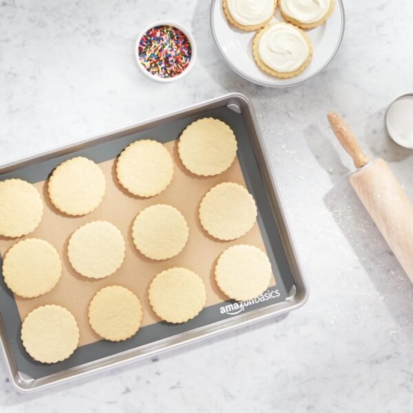 Order recommended Amazon Basics Silicone Rectangular Baking Mat, Non-stick Reusable Oven Bakeware, 16.5"x11.6", New Beige/Grey, Pack of Pack 2 - Image 8