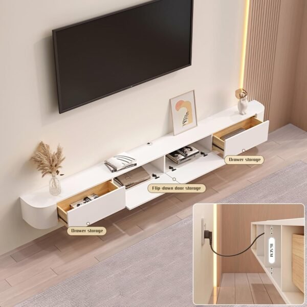 Grab affordable Wall mounted floating TV stand cabinet with cable management and storage shelf for living room and bedroom - Stylish white design (86.6 inches) - Image 5