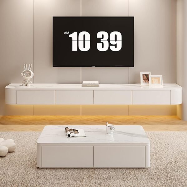Grab affordable Wall mounted floating TV stand cabinet with cable management and storage shelf for living room and bedroom - Stylish white design (86.6 inches) - Image 7