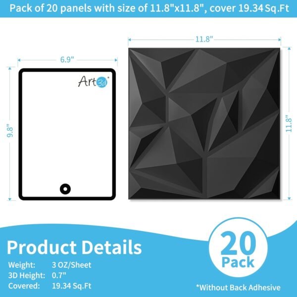 Order affordable ART3D 20 Decorative Pack 3D Wall Panel, 19 square feet PVC Interior Wall Dicoll, 11.8"X11.8", Black - Image 3