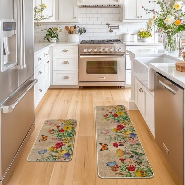 Buy affordable Artuido Mode Wood Flowers Butterfly Spring Kitchen Mat Set 2, Seasonal Home Decoration Low Profile Kitchen Rug for Floors - 17x29 and 17x47inch - Image 3