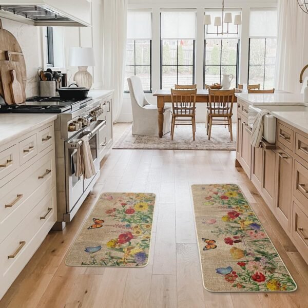 Buy affordable Artuido Mode Wood Flowers Butterfly Spring Kitchen Mat Set 2, Seasonal Home Decoration Low Profile Kitchen Rug for Floors - 17x29 and 17x47inch - Image 4