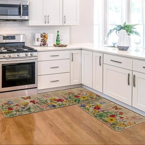 Buy affordable Artuido Mode Wood Flowers Butterfly Spring Kitchen Mat Set 2, Seasonal Home Decoration Low Profile Kitchen Rug for Floors - 17x29 and 17x47inch - Image 5