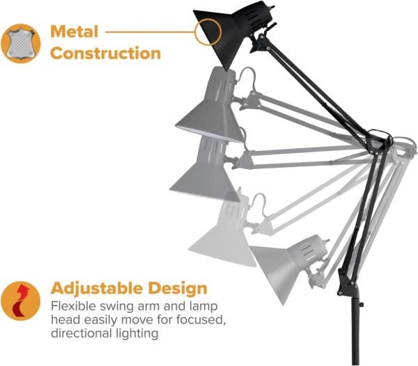 Order recommended Bositch Office VLF100F Swing Arm Metal Floor Lamp, Height 72" Multi-Joint Adjustment, Replaceable LED Bulb (VLF), Black - Image 3