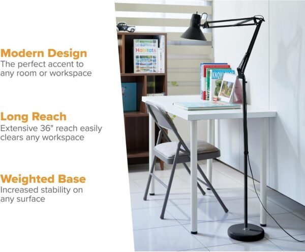 Order recommended Bositch Office VLF100F Swing Arm Metal Floor Lamp, Height 72" Multi-Joint Adjustment, Replaceable LED Bulb (VLF), Black - Image 4