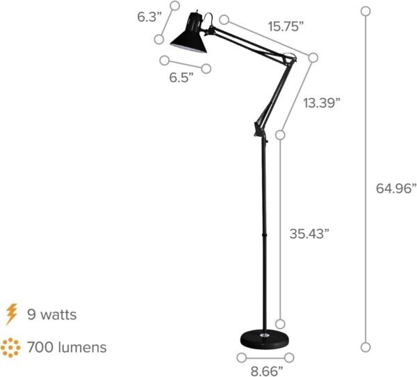 Order recommended Bositch Office VLF100F Swing Arm Metal Floor Lamp, Height 72" Multi-Joint Adjustment, Replaceable LED Bulb (VLF), Black - Image 5