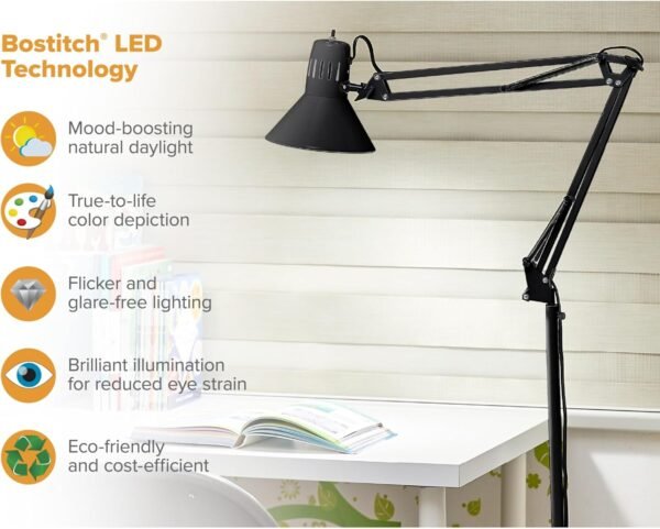 Order recommended Bositch Office VLF100F Swing Arm Metal Floor Lamp, Height 72" Multi-Joint Adjustment, Replaceable LED Bulb (VLF), Black - Image 6