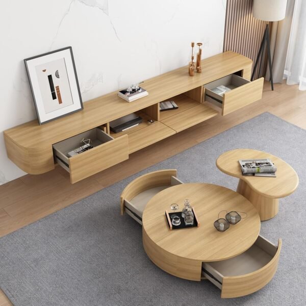 Explore the best Floating TV Cabinet - Wall mounted media storage unit, solid wood multimedia console for living room, 240cm/94.5in, stylish wall shelves, modern TV bench in wooden colours. - Image 3
