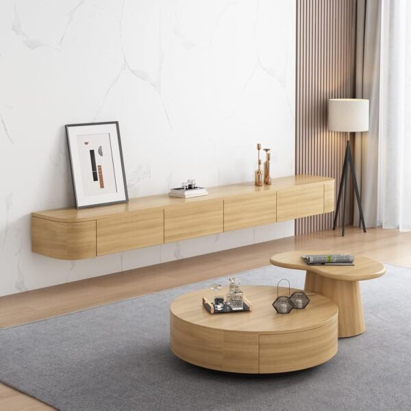 Explore the best Floating TV Cabinet - Wall mounted media storage unit, solid wood multimedia console for living room, 240cm/94.5in, stylish wall shelves, modern TV bench in wooden colours. - Image 4