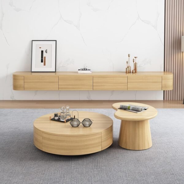 Explore the best Floating TV Cabinet - Wall mounted media storage unit, solid wood multimedia console for living room, 240cm/94.5in, stylish wall shelves, modern TV bench in wooden colours. - Image 5