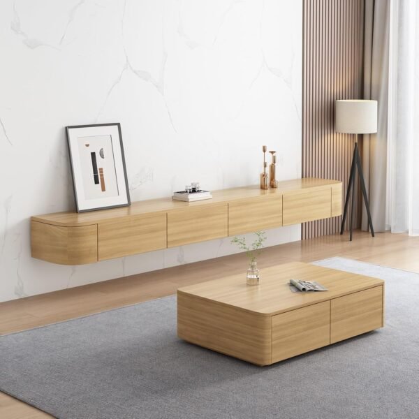 Explore the best Floating TV Cabinet - Wall mounted media storage unit, solid wood multimedia console for living room, 240cm/94.5in, stylish wall shelves, modern TV bench in wooden colours. - Image 6