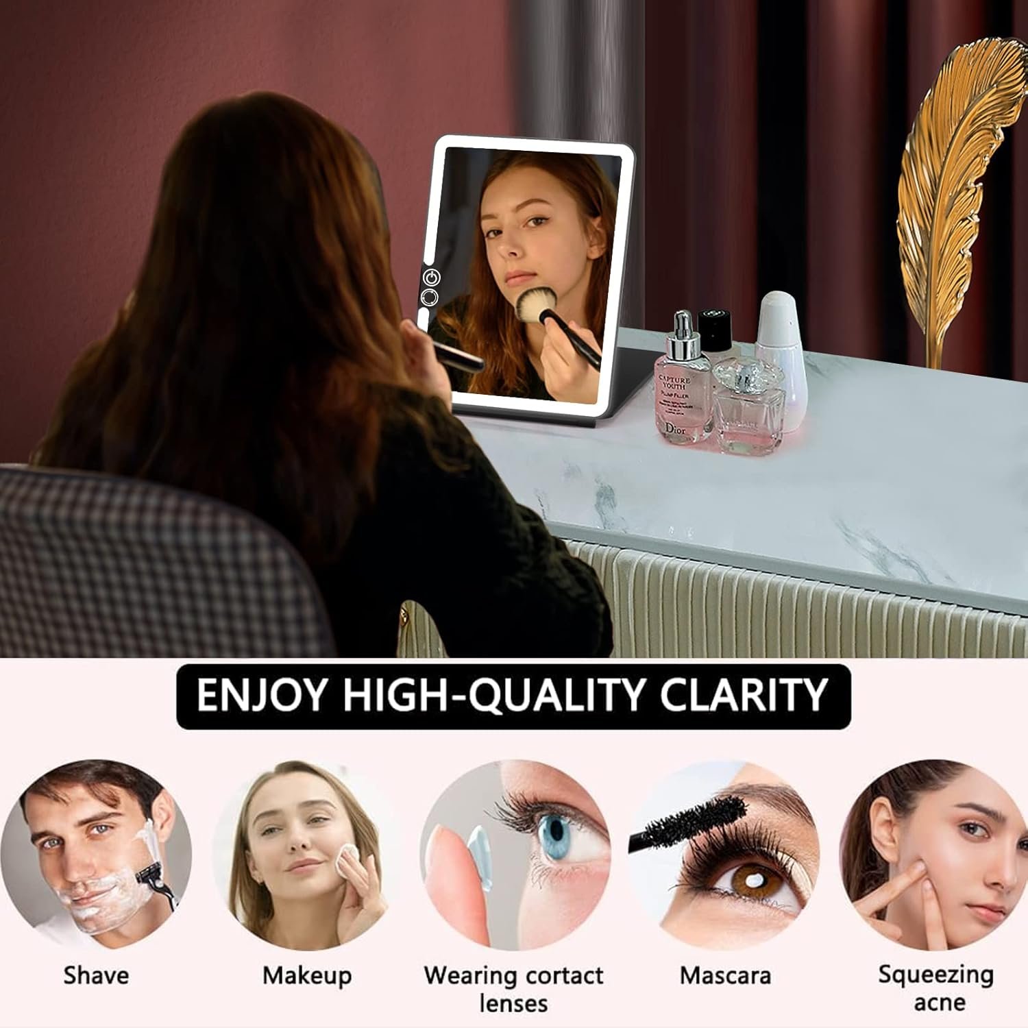 Order the best Remarkable Portable Travel Mirror Make-up Mirror with 72 LED Lights, Touch Screen 3 Color Dimmer, Ultra Thin, 2000 MAH USB Rechargeable Foldable Cosmetic Mirror (Black) - Image 4