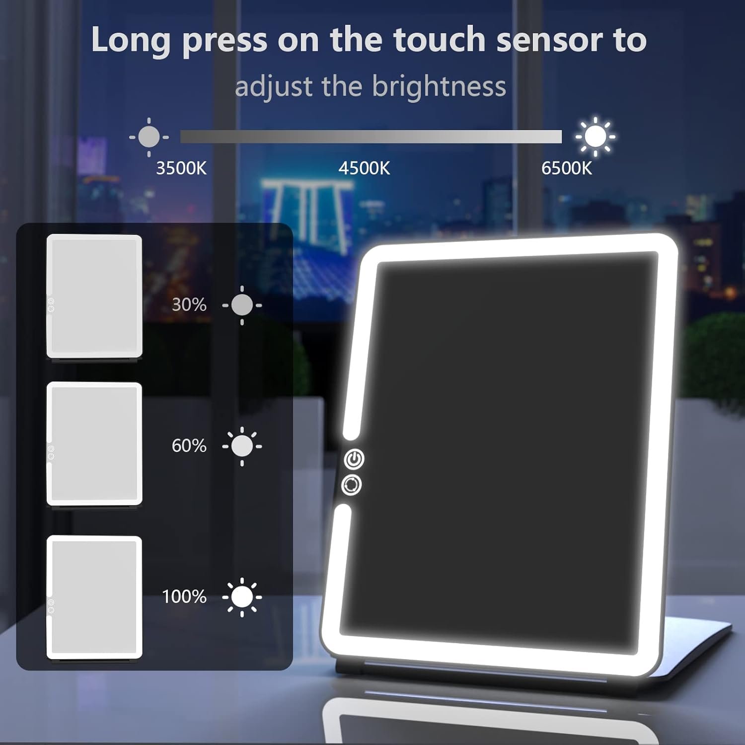 Order the best Remarkable Portable Travel Mirror Make-up Mirror with 72 LED Lights, Touch Screen 3 Color Dimmer, Ultra Thin, 2000 MAH USB Rechargeable Foldable Cosmetic Mirror (Black) - Image 6