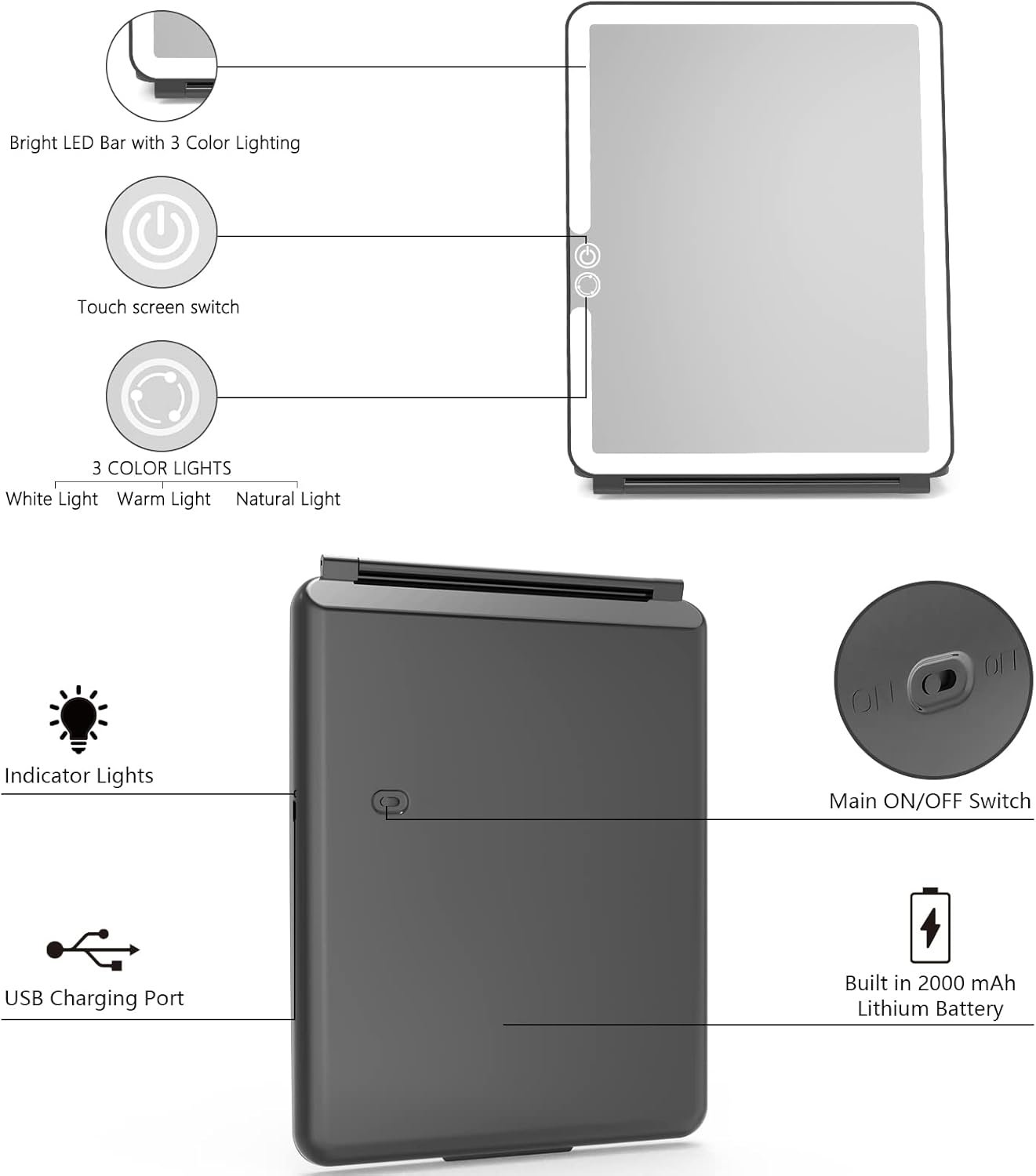 Order the best Remarkable Portable Travel Mirror Make-up Mirror with 72 LED Lights, Touch Screen 3 Color Dimmer, Ultra Thin, 2000 MAH USB Rechargeable Foldable Cosmetic Mirror (Black) - Image 7