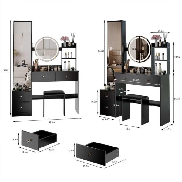 Grab the best Makeup Vanity Desk LED Light Mirror, Full Length Mirror Cabinet 4 Drawers, 3 Modes, Adjustable Color Brightness Dressing Table for Women Bedroom, Black (Black) - Image 3