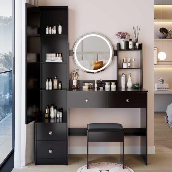 Grab the best Makeup Vanity Desk LED Light Mirror, Full Length Mirror Cabinet 4 Drawers, 3 Modes, Adjustable Color Brightness Dressing Table for Women Bedroom, Black (Black) - Image 4