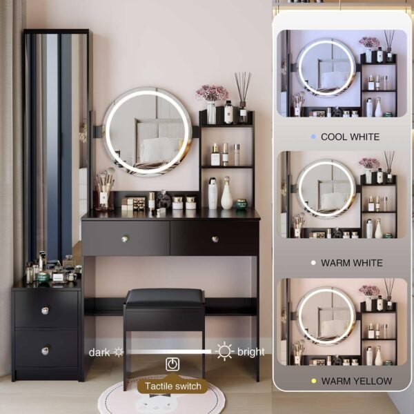 Grab the best Makeup Vanity Desk LED Light Mirror, Full Length Mirror Cabinet 4 Drawers, 3 Modes, Adjustable Color Brightness Dressing Table for Women Bedroom, Black (Black) - Image 5