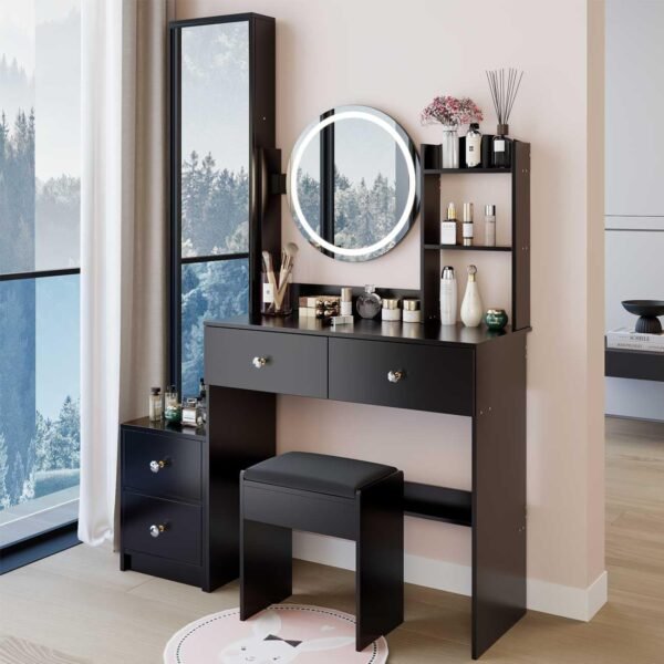 Grab the best Makeup Vanity Desk LED Light Mirror, Full Length Mirror Cabinet 4 Drawers, 3 Modes, Adjustable Color Brightness Dressing Table for Women Bedroom, Black (Black) - Image 6